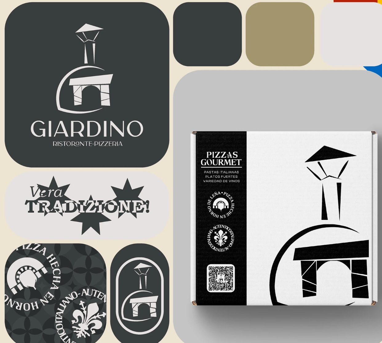 Giardino Ristorante-Pizzeria: identity redesign, graphic elements and pizza packaging