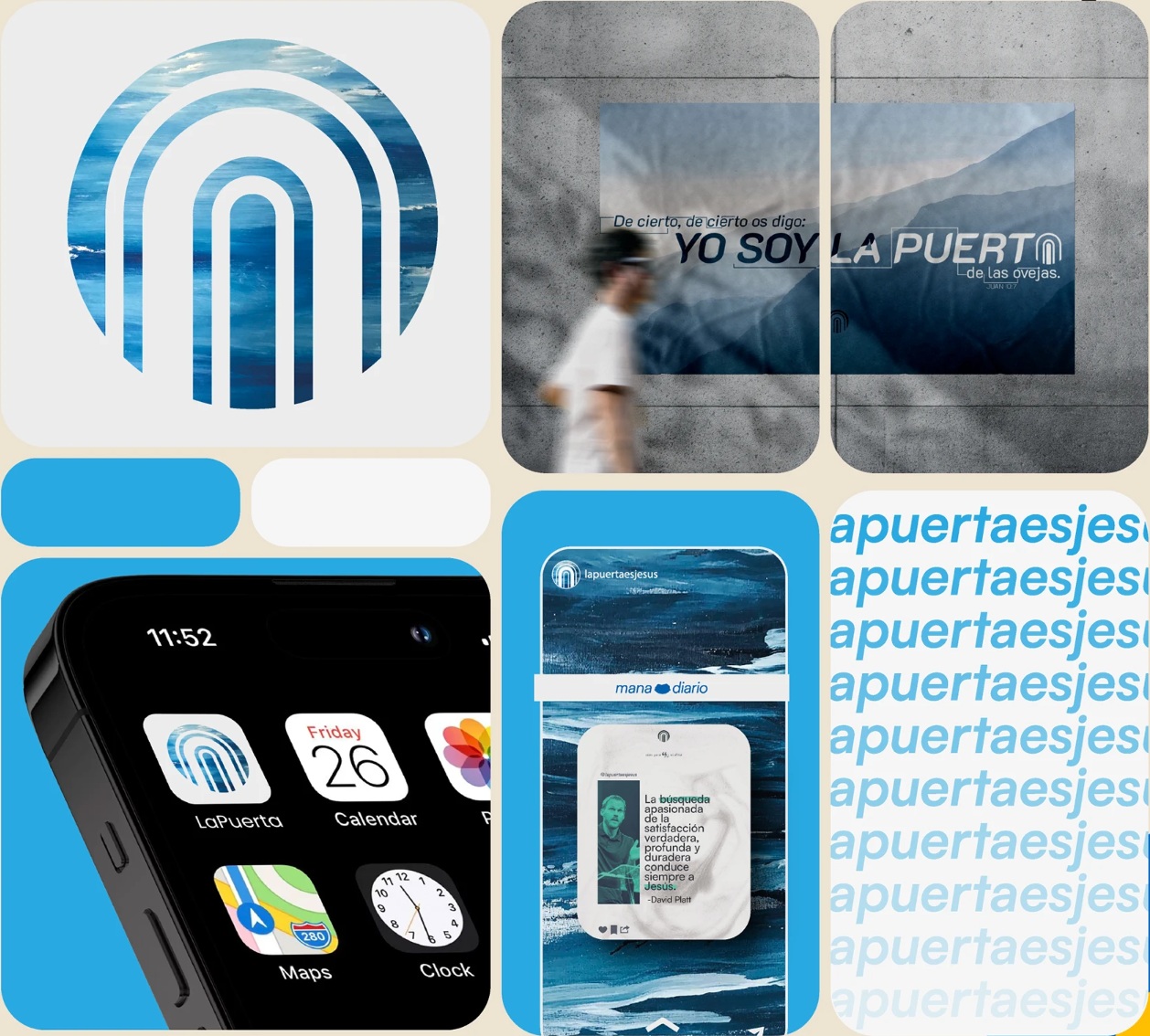 LaPuertaEsJesús visual identity: blue symbol, digital applications and communication